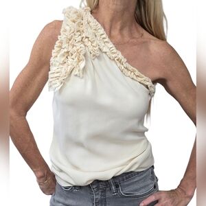 Robert Rodriguez Silk One Shoulder Top Ruffle Asym Blouse Cream 4